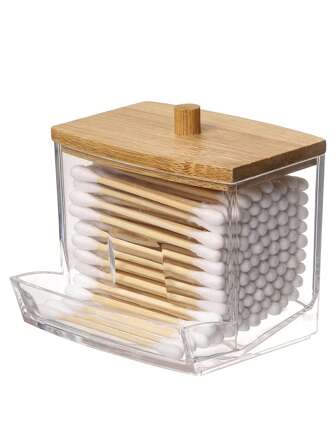 1 pièce Porte-cotons-tiges en acrylique avec couvercle en bambou, distributeur de cotons-tiges transparent, porte-cotons-tiges en plastique, boîte de rangement pour cure-dents, organisateur décoratif de comptoir de salle de bain
