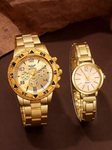 Set de 4 relojes de pareja versátiles y de moda para hombres y mujeres, relojes de cuarzo con correa de acero casual, combinado con set de joyería de pulsera, set de regalo de pareja, adecuado para uso diario, vacaciones, bodas y como regalo