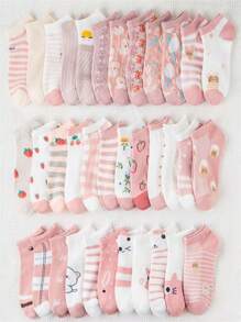 1 Pair/10 Pairs/20 Pairs/30 Pairs Of Random Spring And Summer Style Pink Candy Color Cute Cat Strawberry Flower Japanese Sweet Cute Ins Style Girls Campus Sports Daily Versatile Soft Skin Friendly Comfortable Sweat Absorbing Breathable Women's Short Socks