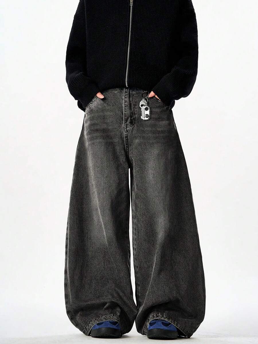 1条正义兄弟复古水洗宽松阔腿牛仔裤，时尚百搭美式男士牛仔裤 - 淺灰色 - 查看 1