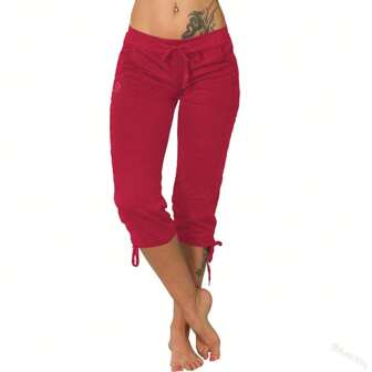 Casual Mid-Waist Drawstring Pocket 3/4 Pants, Women's Fashion Spring/Summer