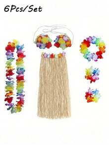 6 件套夏威夷花环项链套装、夏威夷热带派对草裙套装、热带芙蓉花，适合夏季泳池派对和夏威夷主题派对、夏季装饰、派对装饰和用品、节日婚礼海滩生日装饰、夏威夷花环派对用品、母亲节毕业典礼