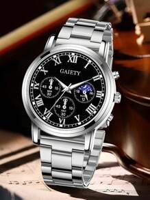 1pc Men's Silver Strap Casual Business Classic Three Eye Dial Quartz Watch For Daily Wear Or Gift Giving