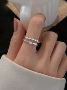 1pc Women's Geometric Open Ring With Bow, Silver Color Copper Cubic Zirconia, Minimalist Fashion Party