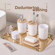6-Piece Stylish Bathroom Set Household Bathroom Toilet Cleaning Tools Toiletries Trash Can Hydraulic Cup Soap Box Toothbrush Holder, Perfect Solution To Bathroom Supplies Problem