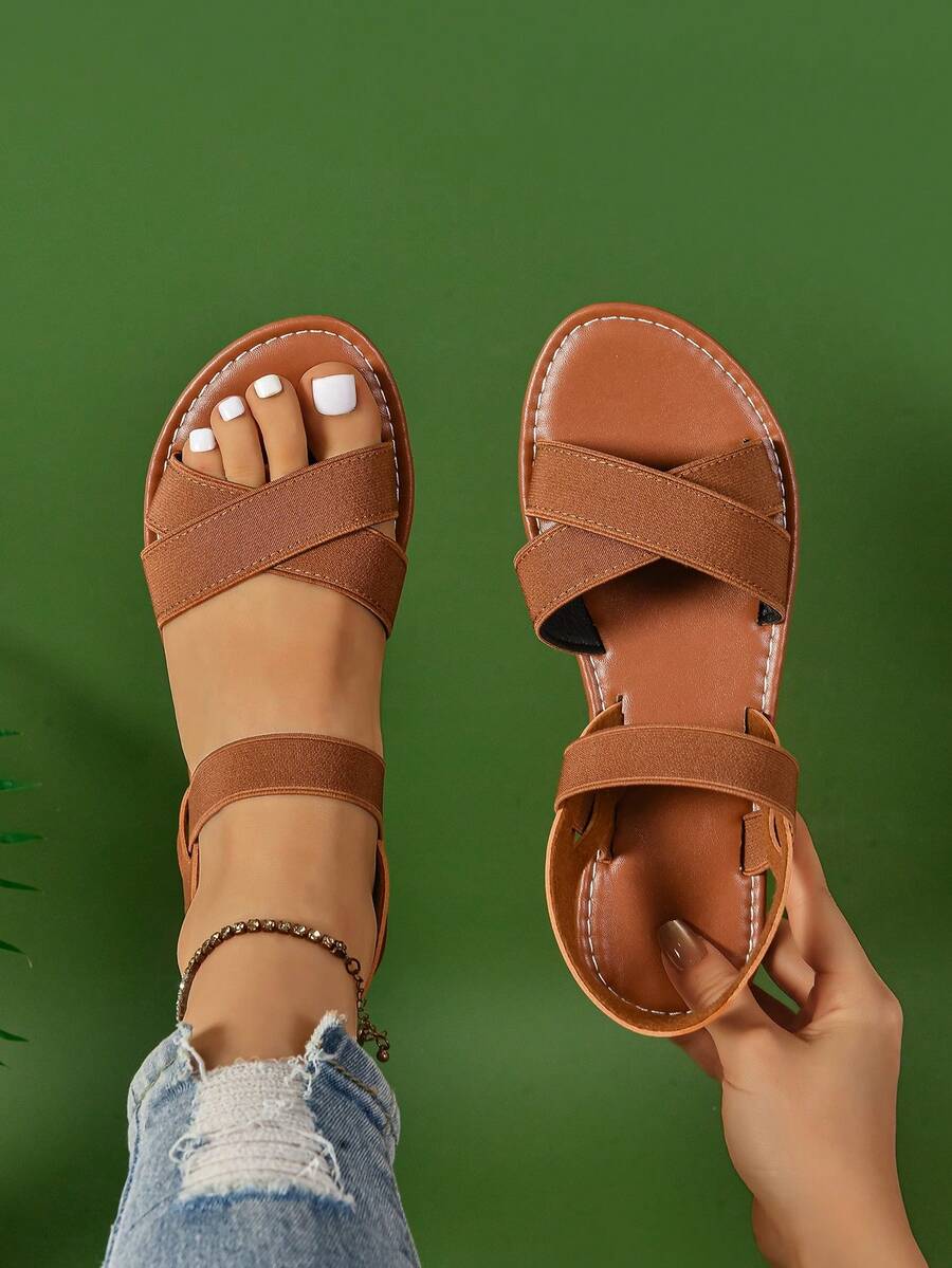 Women's Flat Sandals, Fashion Cross Elastic Band Comfortable Casual Outdoor Sandals, Simple Design For Beach, Party, Lightweight