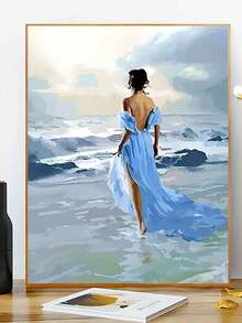 Bộ tranh sơn dầu kỹ thuật số tự làm Woman On The Beach không có khung, Quà tặng sinh nhật, Lễ hội trí tuệ, Không cần tranh cơ bản, Có thể làm tranh treo tường, Tác phẩm nghệ thuật đẹp dễ hoàn thành - Màu xanh nhạt - Xem 3