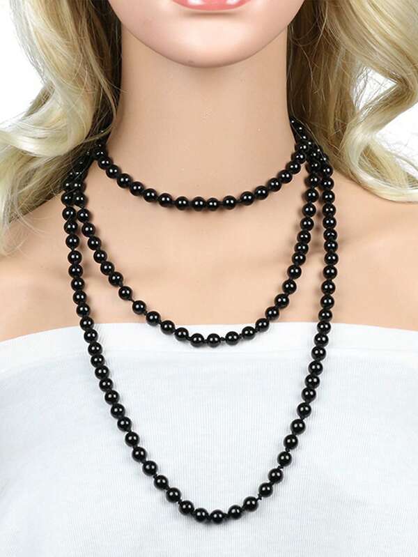 108pcs Black Glass Faux Pearl Long Necklace, Women's Luxury Style Black Faux Pearl Necklace