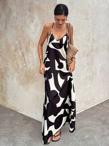 Doriss 夏季风格露背串珠印花吊带长裙，情人节装扮，优雅女士装扮，海滩装扮，感恩节装扮，毕业典礼装扮，音乐会装扮，女士早午餐装扮，节日庆典派对装扮 - 彩色 - 查看 4