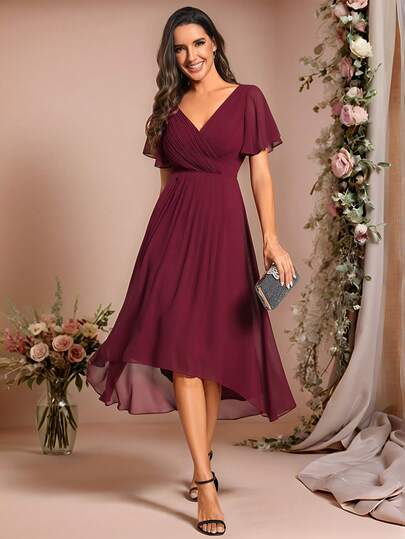 Elegant V-Neck Ruffle Sleeve Asymmetric Hem Vintage Burgundy Bridesmaid Dress, Wedding Guest Dress