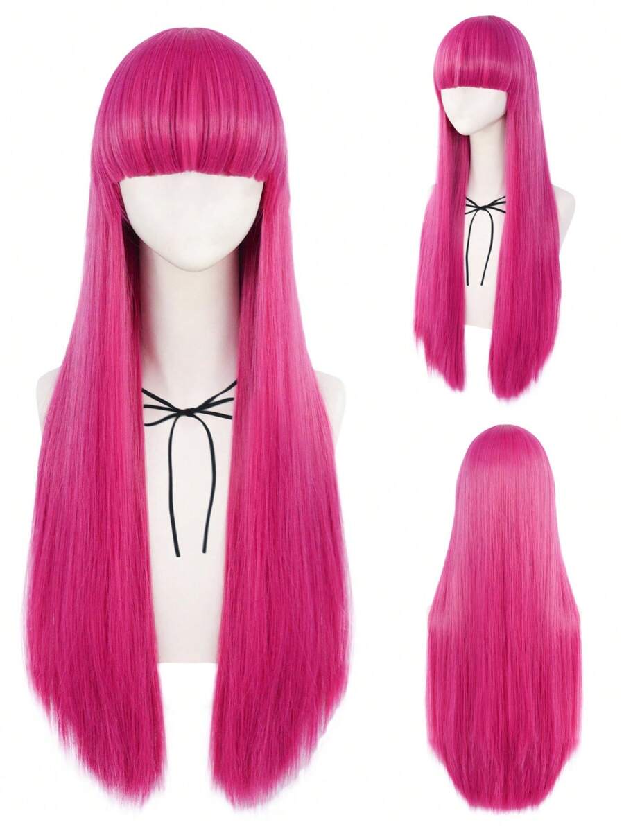 30 Inch Hot Pink Straight Princess Cosplay Wig With Bangs For Women Valentine Halloween Costume School Carnival Concerts Vacation Photography Comic Con Exhibition Daily Wear, Synthetic Glueless Heat Resistant High Temperature Fiber Hair - Hot Pink - View 1