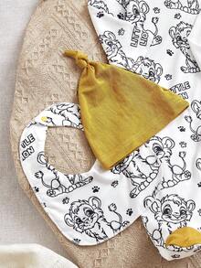 2pcs/Set Comfortable Breathable Infant Jumpsuit With Cute Lion Pattern, Contrast Color Ruffled Leg Opening, Single Breasted Design, Long Sleeve Footed Romper With Hat & Bib, Suitable For Daily Wear