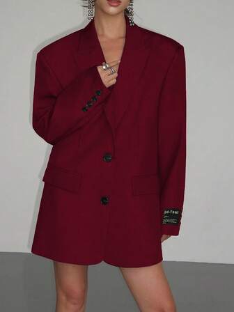 Women's Burgundy Letter Embroidered Lapel Long Sleeve Single-Breasted Casual Loose Blazer Jacket, Suitable For Banquet, Wedding, Festival, Party, Women's Halloween, Christmas Outfits And More