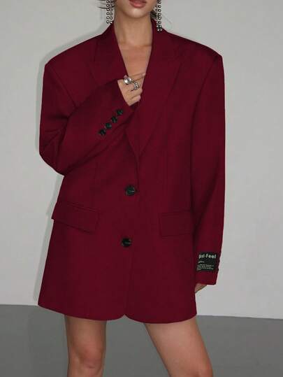 Damska bordowa marynarka z haftowanymi literami, z długim rękawem, jednorzędowa, luźna, swobodna, odpowiednia na bankiet, wesele, festiwal, imprezę, Halloween, Boże Narodzenie i inne okazje