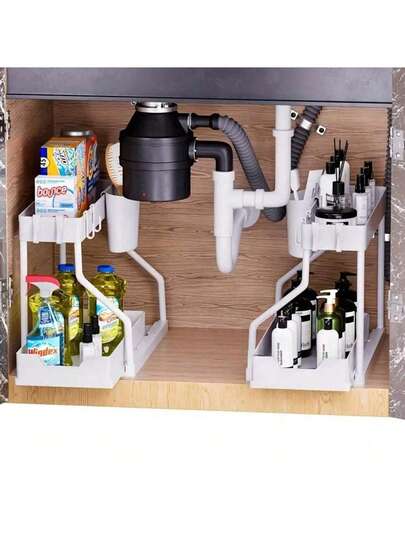 双层滑出式储物盒 - 大容量抽屉，适用于厨房和浴室必需品，塑料材质，多种颜色可选