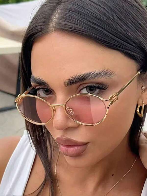 1pc Letter Casual Summer Ladies Oval Sunglasses With Unique Temple Decor, Y2K Style For Beach, Holiday Travel, Fashion Accessory & Gift Shade Going Out Outfit Outdoor Beach Seaside Vacation And Gift For Family And Friends