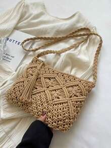 Handmade Woven Small Crossbody Bag, New Woven Shoulder Bag, Niche Retro Beach Style, Versatile Square Envelope Bag, Fashion Crossbody Bag, Beach Vacation Bag - Khaki - View 4
