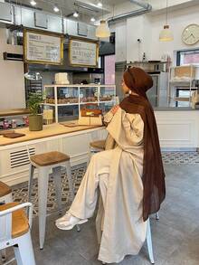 1pc Women's Solid Color Classic Cardigan Robe, Loose Linen Comfortable Relaxed Fit Abaya Outerwear Shawl, Suitable For Daily Wear And Festivals - Apricot - View 3