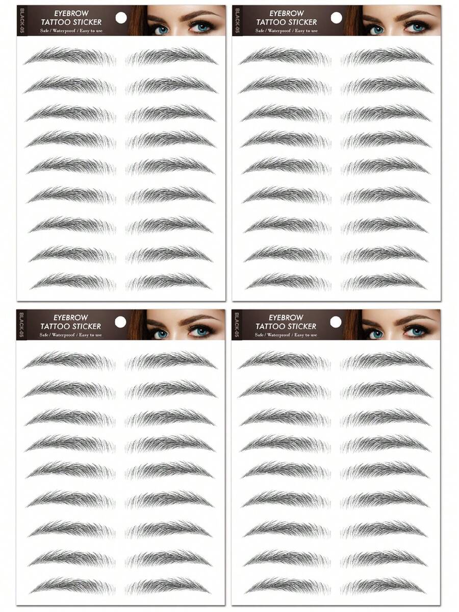 (Hoja de 4) Pegatinas de tatuaje temporal de cejas negras realistas, serie de combinaciones, impermeable y de larga duración, pegatinas de tatuaje falso personalizado y sexy - Negro - Ver 1