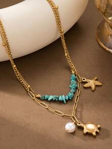 不锈钢波西米亚海龟和海星搭配绿松石点缀多层项链，适合海滩、度假、情人节礼物 - 雙層項鍊 - 查看 5