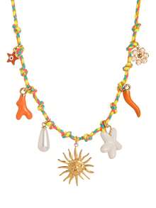 1 件不锈钢材质休闲海滩度假风格海洋生物太阳龟星花吊坠珍珠吊坠编织织物链女士项链，高品质，镀 18K 金，防水防汗，适合日常使用，是送给妻子、母亲和女朋友的最佳礼物