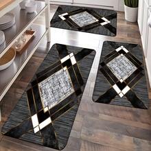 1pc/2pcs Creative Modern Geometric Print High Elasticity Absorbent Non-Slip Kitchen Mat, Suitable For Bedroom, Kitchen And Bathroom, Absorbent Household Doormat, Multipurpose Entrance, Kitchen, Bathroom Mat - Black - View 2