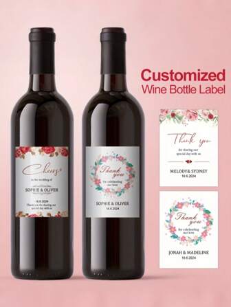 Customized Floral Thank-You Bottle Label, Paper Party Gift, Suitable For General Gifts, Suitable For Any Occasion