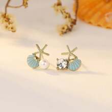 1 Pair Asymmetrical Bicolor Pearl C Hoop Earrings, Vintage Minimalist Fashionable Earrings