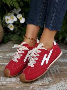 Women's Sweet Style Lace Splice Lace-Up Low-Top Casual Sneakers,