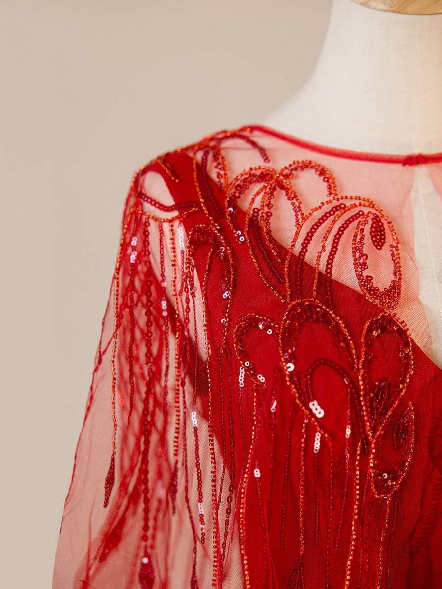 Heart Sequin Embroidered Mesh Shawl Fishtail Evening Gown Dress, Formal, Party Dress, For Wedding Guest - Red - View 1