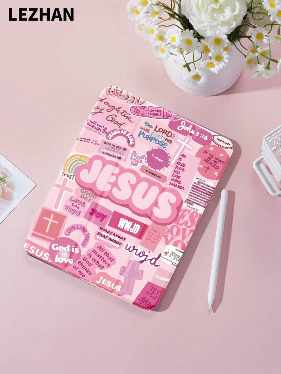 1pc Pink Jesus/Slogan Text Collage Pattern Tablet Protective Case, Compatible With IPad 10.2 Inch, IPad Pro 11 2021/2020/10th Gen, IPad Mini 4/5/6, Galaxy Tab A8 10.5 Inch 2022, Matepad 10.4/Tab, With Pencil Holder, Shockproof, Tablet Stand Cover - Multicolor - View 1