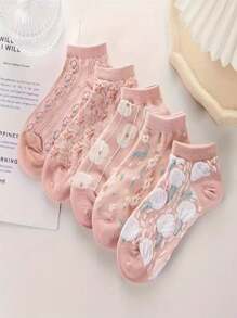 1 Pair/10 Pairs/20 Pairs/30 Pairs Of Random Spring And Summer Style Pink Candy Color Cute Cat Strawberry Flower Japanese Sweet Cute Ins Style Girls Campus Sports Daily Versatile Soft Skin Friendly Comfortable Sweat Absorbing Breathable Women's Short Socks