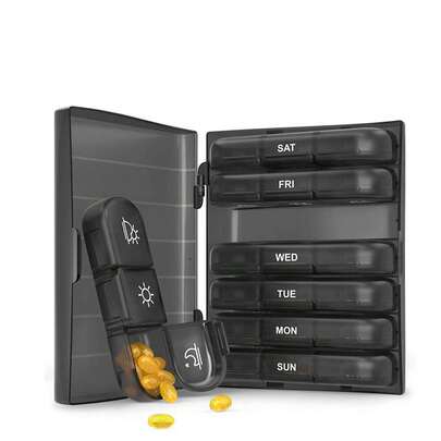 Przenośny organizer na tabletki na 7 dni (7 przegródek + 1 schowek), pudełko na tabletki, stojak na tabletki, butelka na tabletki, organizer na tabletki w kształcie cukierków, pudełko na tabletki, pudełko na tabletki, wielokolorowe pudełko podróżne na tabletki z przegródkami, do organizowania leków na rano/w południe/na noc, 21-przegródkowy czarny organizer na tabletki, przenośne plastikowe pudełko na tabletki