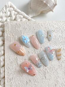 10pcs/Set Handmade Almond Shaped Carved Blue & Pink 3D Butterfly High-End French Shell Nail Art Tips, Reusable, Suitable For Girls, Birthday Parties And Elegant Daily Use, Comes With 1pc Jelly Glue And 1pc Nail File