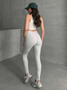 OYGA Quần legging cạp cao đơn giản đa năng - Xám - Xem 4