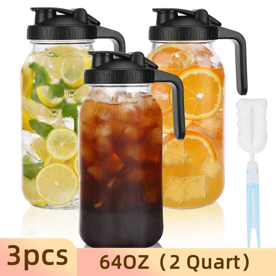 Tomnk 3/6pcs Glass Canning Jar Pitcher With Lid - Wide Mouth, 2 Quart (64 Oz) - Heavy Duty Leakproof - Sun Tea & Iced Tea Pitcher, Cold Brew Coffee, Milk Storage, Beverage Container - Clear - View 1