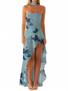 Women Casual Tube Dress Summer Solid Color/Floral Print High Low Ruffles Dress With Scarf For Cocktail Streetwear - 藍色 - 查看 8