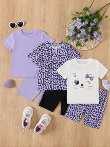 Set de 3 conjuntos de niñas con top de manga corta de cuello redondo y shorts, uno con estampado de gato de dibujos animados y otro con estampado de leopardo liso