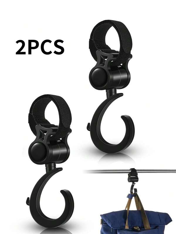 2 Ganchos colgantes multiusos para andador con rotación de 360°, para colgar bolsas de pañales en andador, andador, muletas, silla de ruedas, carrito de compras, asiento trasero de automóvil, bolsos, bicicleta, silla de paseo, color negro