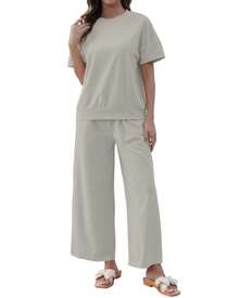 2pcs Women's Solid Knit Casual Vacation Drawstring Short Sleeve Top And Pants Set, Lightweight - Grey - View 3