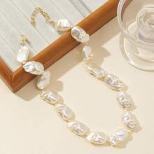 1 chiếc vòng cổ ngọc trai giả cỡ lớn bất đối xứng đơn giản thời trang dành cho nữ, thích hợp để đeo hàng ngày và ngày lễ - Ngà - Xem 2