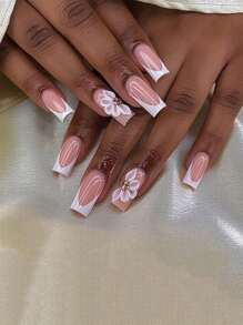 10Pcs/Set Hand Crafted Nail Stickers For Women, Premium Minimalist Daily Full Coverage Nail Wraps, Reusable French 3D Carved Manicure, Gentle Nude Base With Sparkling Diamonds, Cute Carved Floral Decor, French Square Medium Length, High Gloss Elegant Holiday Vibe Press On Nails Nail Supplies Nails