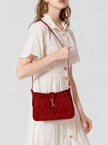 Bolsa de Ombro Minimalista Elegante de Couro PU Retrô de Cor Sólida para Mulheres, Nova Bolsa Feminina de Moda Debaixo do Braço com Decoração Metálica, Bolsa Transversal Acolchoada Borgonha Adequada para Transporte Diário, Encontros Casuais, Compras, Presente no Dia dos Namorados