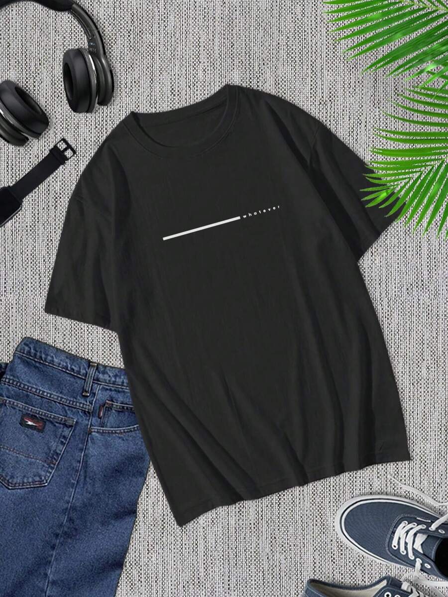 Camiseta negra de manga corta para hombre | Camiseta gráfica Whatever | Camiseta informal de algodón | Estilo minimalista | Exclusiva online - Negro - Ver 1