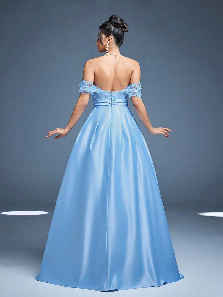 Vestido largo de dama de honor de satén, con hombros descubiertos, elegante, con flores 3D, nueva llegada de Mgiacy, para invitado de boda - Celeste - Añade 2