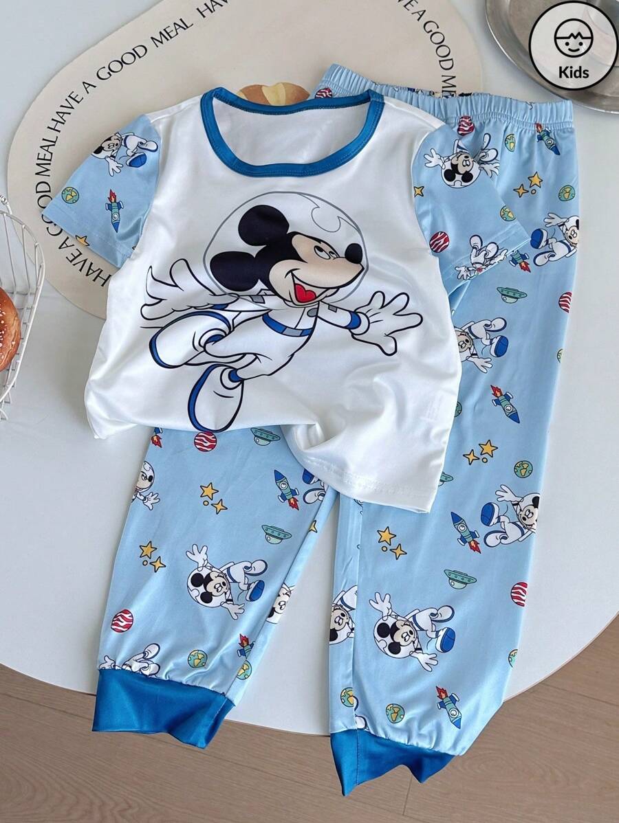 2 pièces/Set Pyjama enfant avec Top à manches courtes col rond et pantalon long, design combinaison spatiale mignon Mickey Mouse