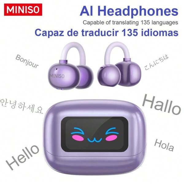 Miniso Cuffie con molletta per le orecchie MS199 Al con traduzione, schermo touch a colori, audio senza fili, con supporto per traduzione in 135 lingue in tempo reale, con microfono integrato per musica e chiamate telefoniche