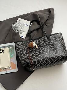 SHIMEINI 2025 New Fashion Women's Handbag, Large Capacity Commuter Niche Design Shoulder Bag, Casual Versatile Simple Stylish Tote Bag, Comfortable Material PU Texture Color Blocking Diamond Quilted Zipper Closure, Comfortable Dual Shoulder Straps, Spacious, Autumn/Winter (Note: No Pendant Included) - Black - View 7