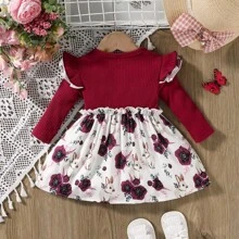 Conjunto de Vestido de Primavera para Bebé Niña con Estampado de Conejito y Diadema con Moño