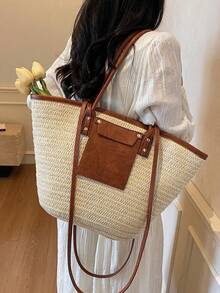 Túi đeo vai dệt dung tích lớn dành cho nữ - Túi tote vải màu be thời trang có dây đeo cố định, hoàn hảo cho kỳ nghỉ ở bãi biển & đi chơi thường ngày, Túi xách - Màu be - Xem 8